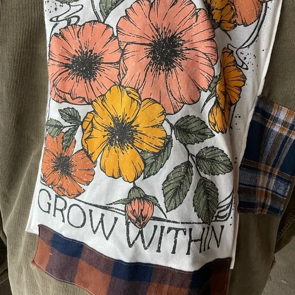 Boho retro upcycled plaid floral graphic patchwork corduroy Dockers button down - Picture 7 of 16